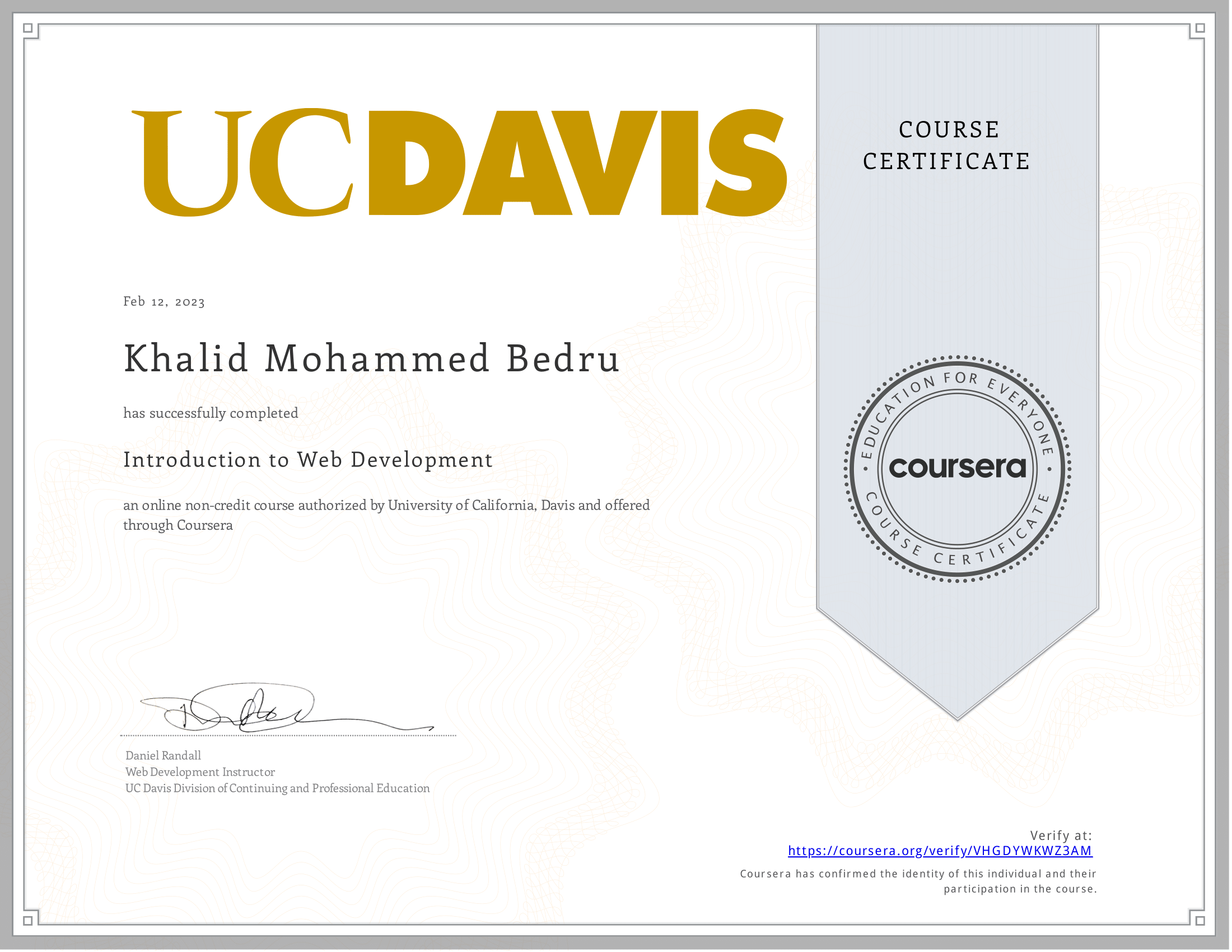 Certificate. Introduction to Web Development